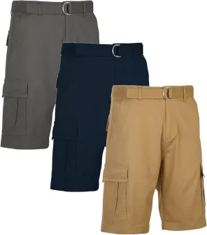 Galaxy by Harvic Men's Belted Cargo Shorts, Cotton Stretch Shorts with Multi Pockets, 3 Pack