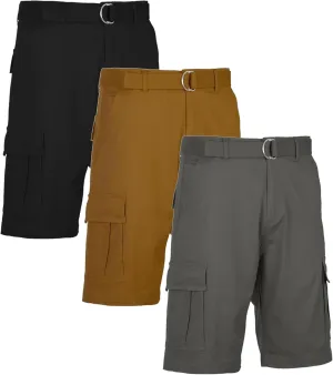 Galaxy by Harvic Men's Belted Cargo Shorts, Cotton Stretch Shorts with Multi Pockets, 3 Pack