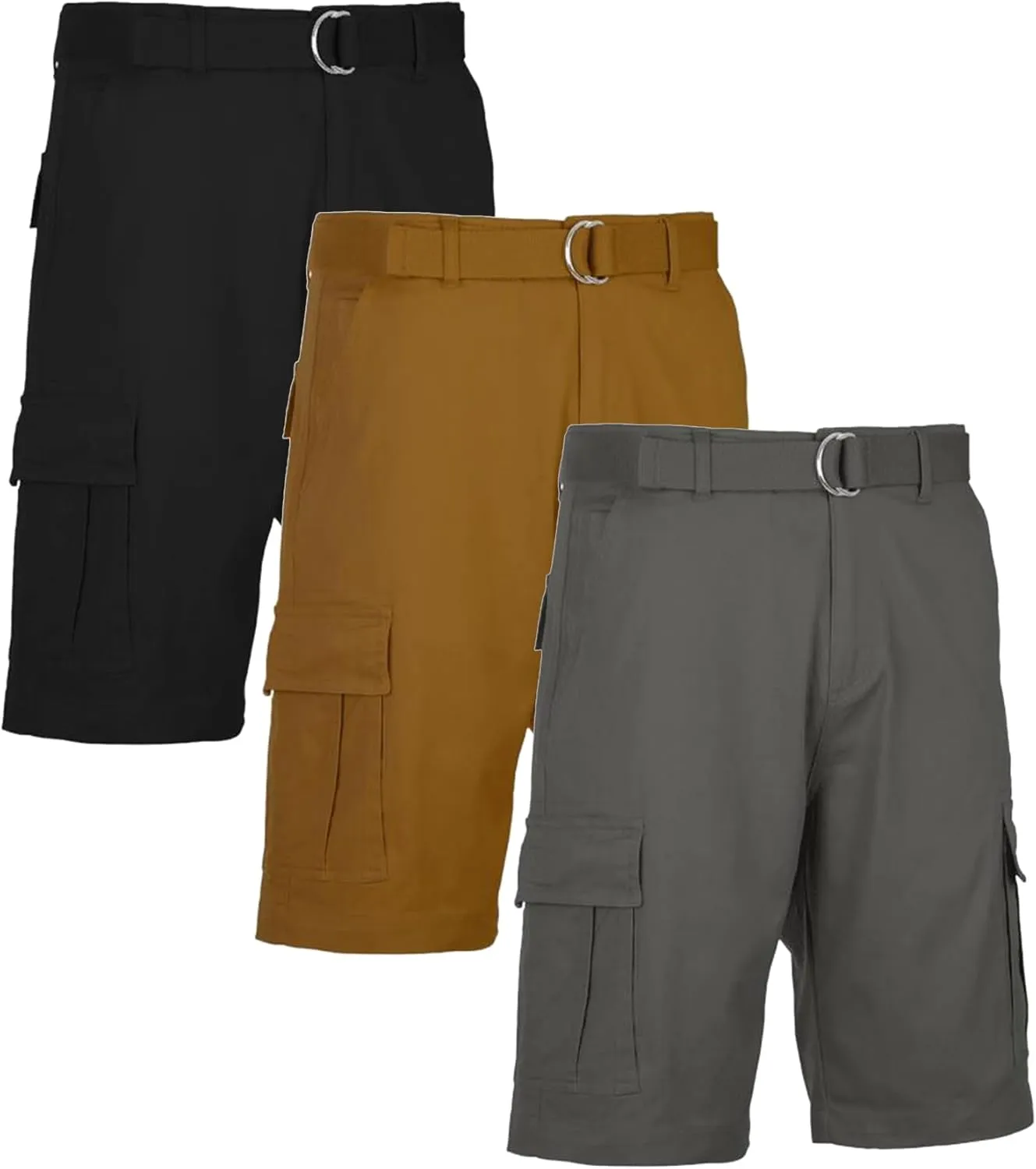 Galaxy by Harvic Men's Belted Cargo Shorts, Cotton Stretch Shorts with Multi Pockets, 3 Pack