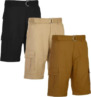 Galaxy by Harvic Men's Belted Cargo Shorts, Cotton Stretch Shorts with Multi Pockets, 3 Pack