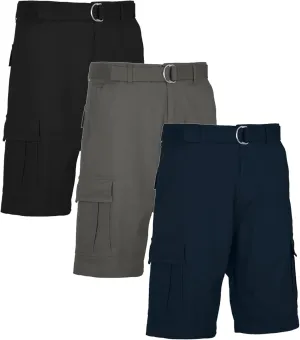 Galaxy by Harvic Men's Belted Cargo Shorts, Cotton Stretch Shorts with Multi Pockets, 3 Pack