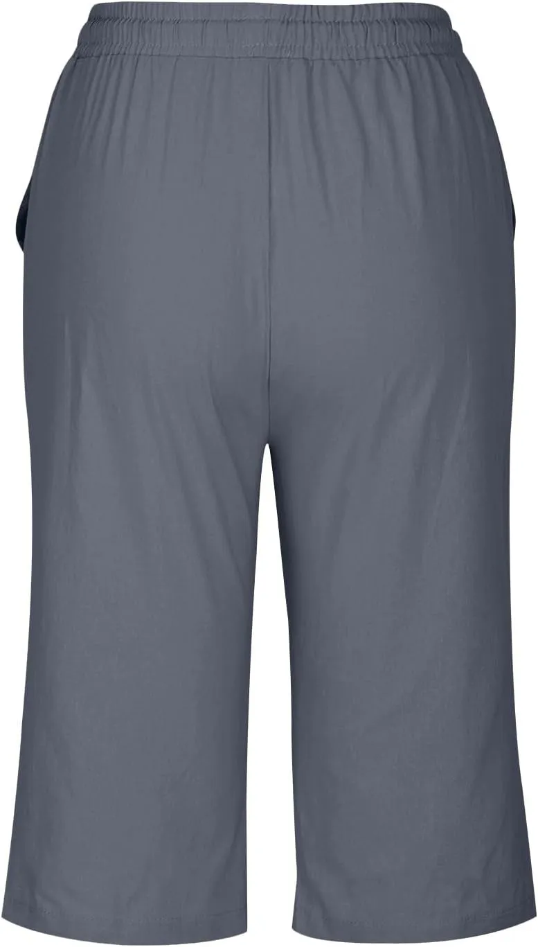 GOFULY Bermuda Shorts for Women Knee Length Cotton Linen Elastic Waist Drawstring Shorts Summer Capris Pants with Pockets