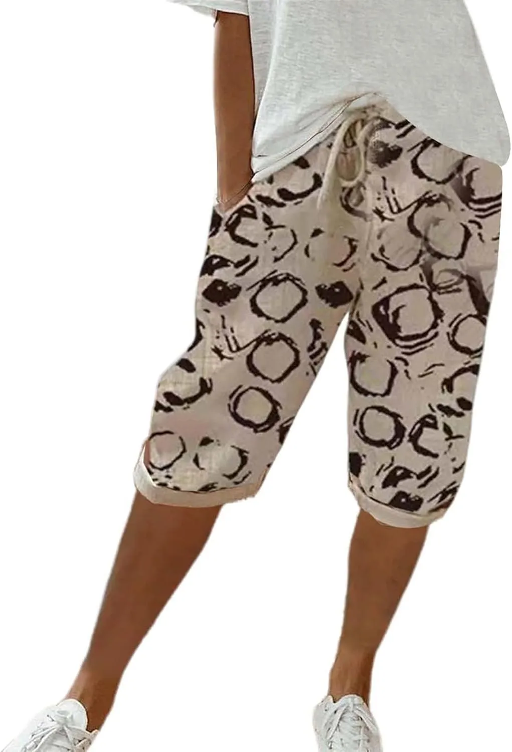 GOFULY Bermuda Shorts for Women Knee Length Cotton Linen Elastic Waist Drawstring Shorts Summer Capris Pants with Pockets