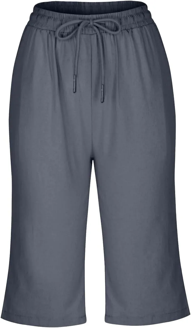 GOFULY Bermuda Shorts for Women Knee Length Cotton Linen Elastic Waist Drawstring Shorts Summer Capris Pants with Pockets