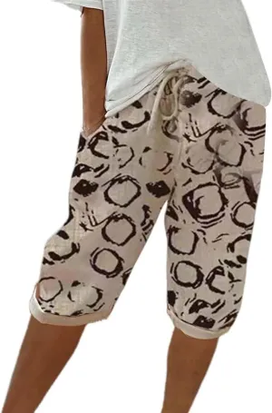GOFULY Bermuda Shorts for Women Knee Length Cotton Linen Elastic Waist Drawstring Shorts Summer Capris Pants with Pockets