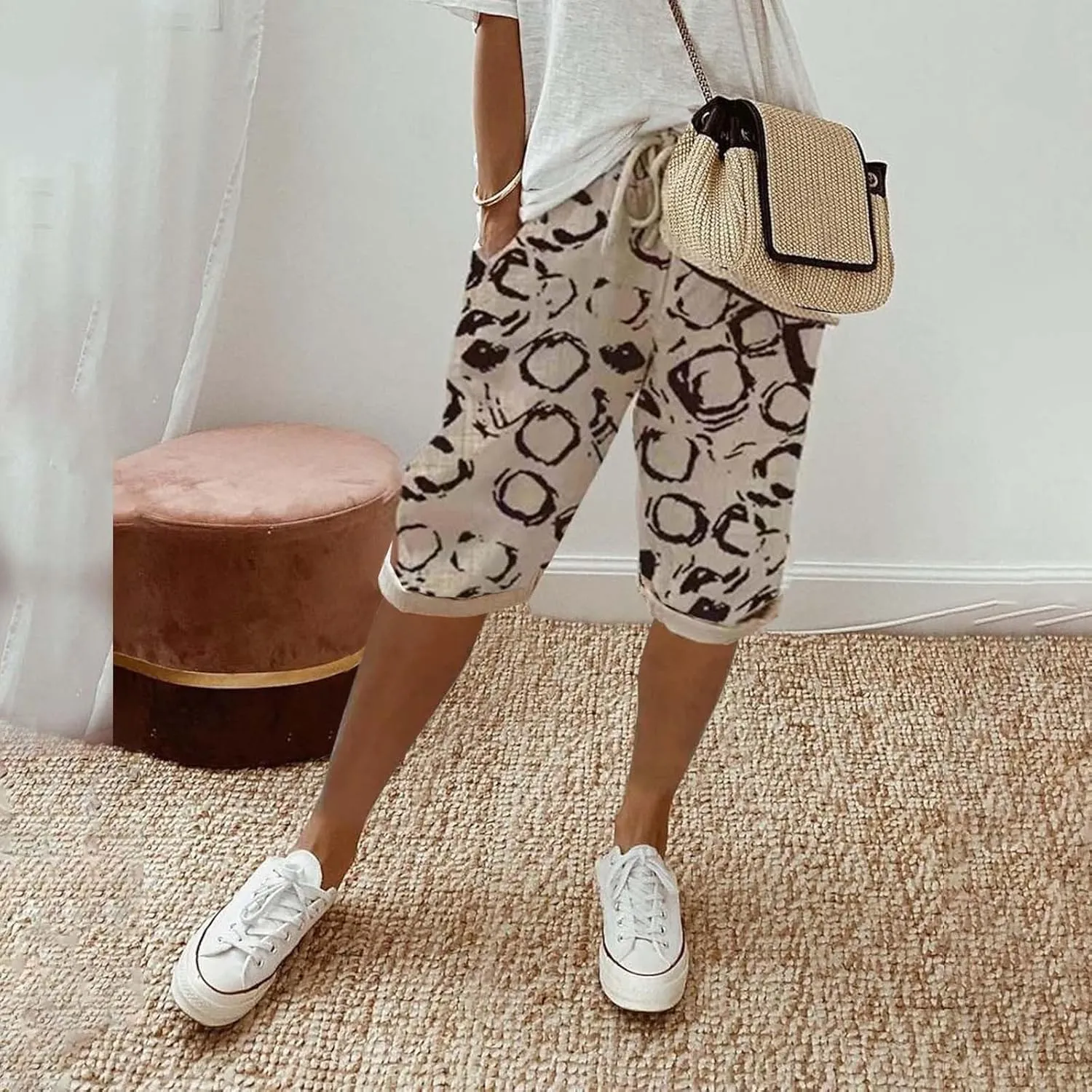 GOFULY Bermuda Shorts for Women Knee Length Cotton Linen Elastic Waist Drawstring Shorts Summer Capris Pants with Pockets