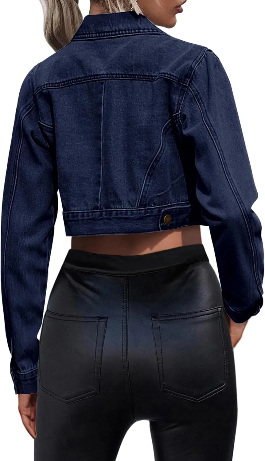 Grabsa Women's Button Down Long Sleeve Cropped Denim Jean Jacket with Pockets
