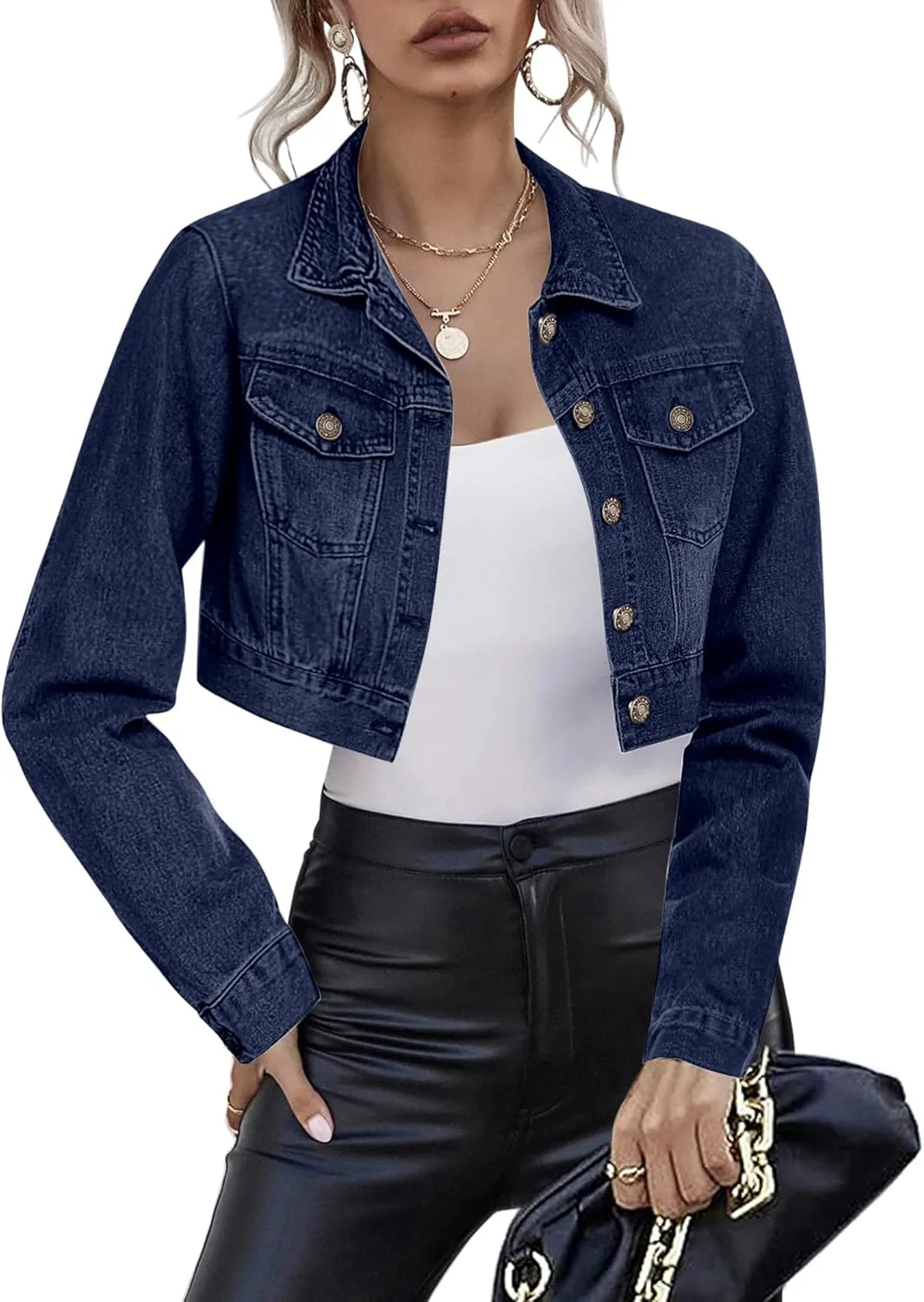 Grabsa Women's Button Down Long Sleeve Cropped Denim Jean Jacket with Pockets