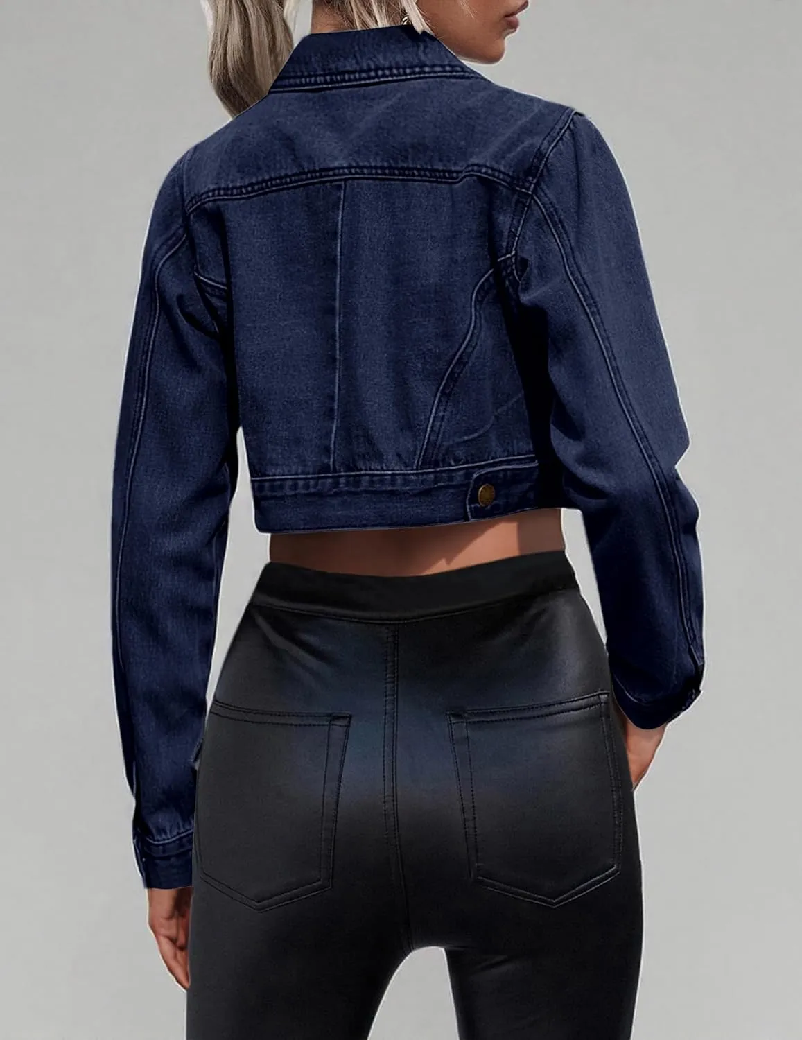 Grabsa Women's Button Down Long Sleeve Cropped Denim Jean Jacket with Pockets