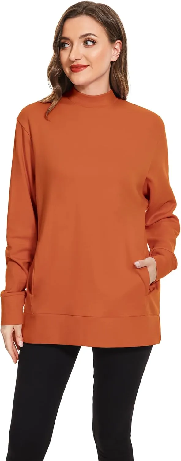 H HIAMIGOS Women's Casual Long sleeves Sweatshirt Tops Basic Loose Fit Mock Turtle Neck Tunic Pullover With Pocket