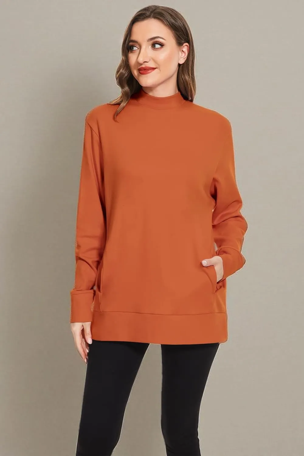 H HIAMIGOS Women's Casual Long sleeves Sweatshirt Tops Basic Loose Fit Mock Turtle Neck Tunic Pullover With Pocket