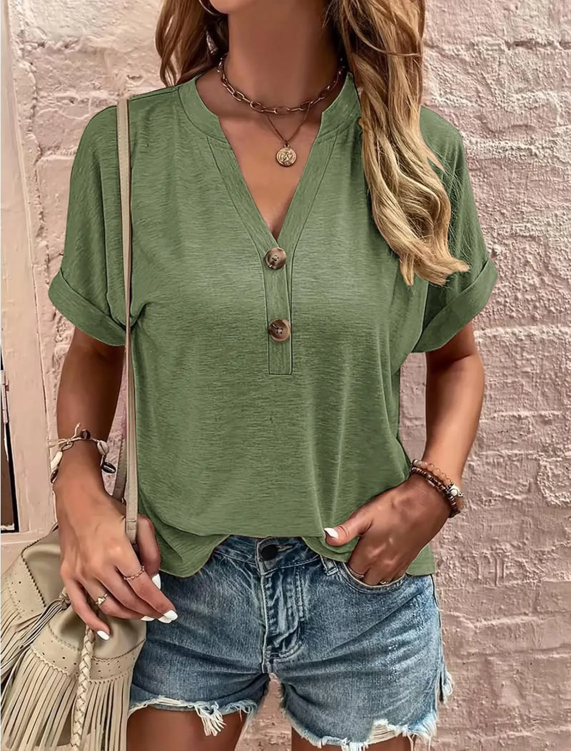 Halife Women's Casual Short Sleeve T Shirts Summer Button V Neck Tops Loose Fit Tee Shirt Blouse