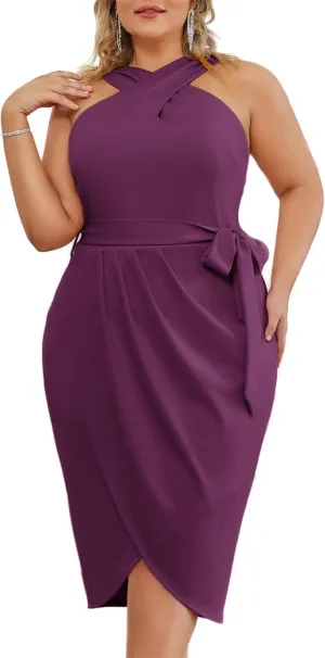 Hanna Nikole Plus Size Dresses for Curvy Women Halterneck Sleeveless Wrap Front Ruched Bodycon Dress Party Dress