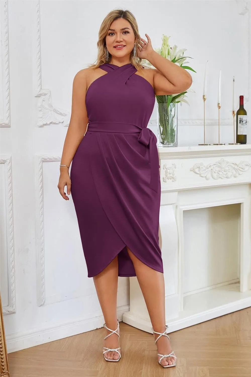 Hanna Nikole Plus Size Dresses for Curvy Women Halterneck Sleeveless Wrap Front Ruched Bodycon Dress Party Dress