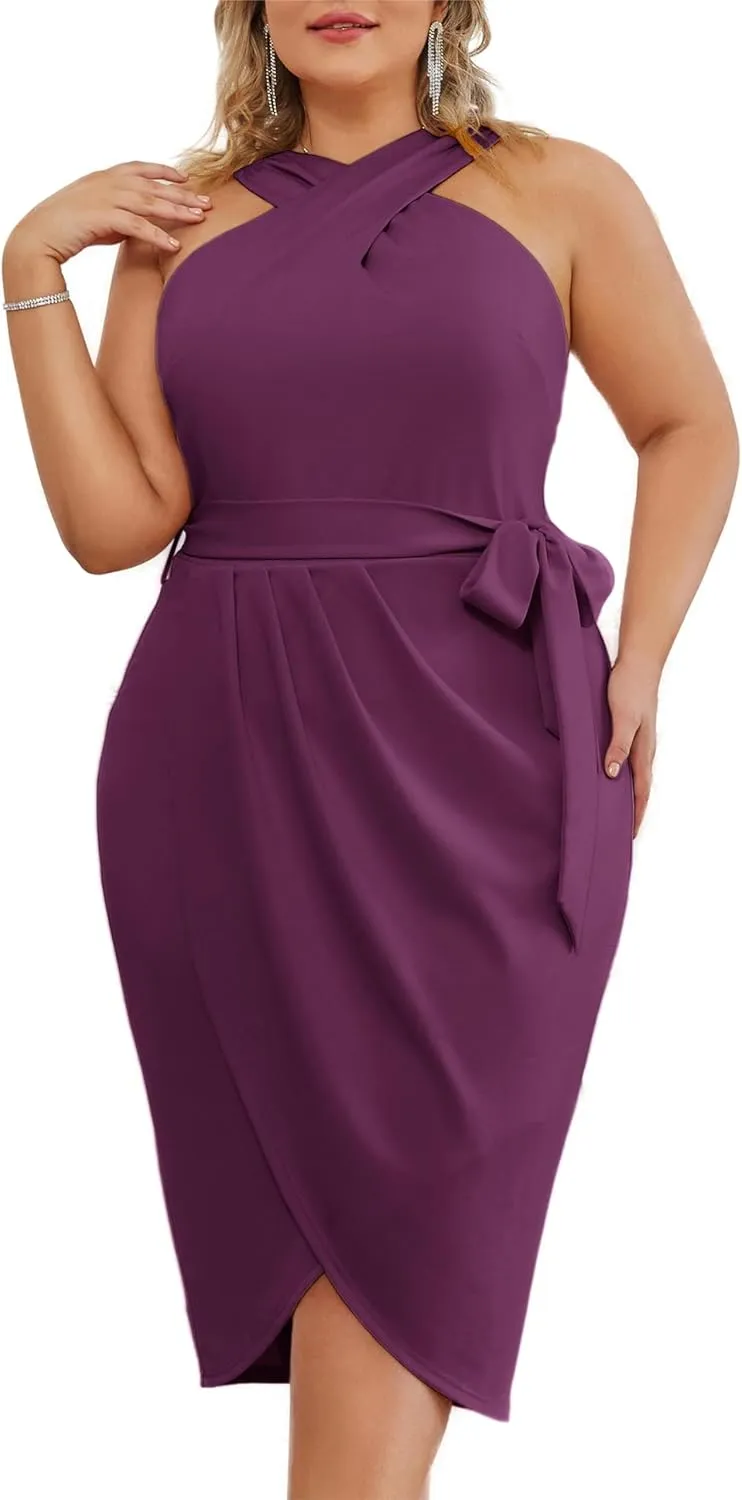 Hanna Nikole Plus Size Dresses for Curvy Women Halterneck Sleeveless Wrap Front Ruched Bodycon Dress Party Dress