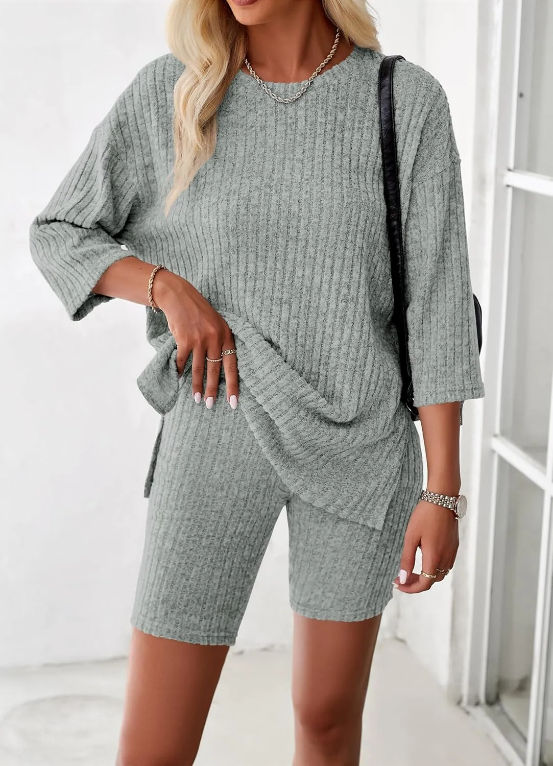 HBQ Womens 2 Piece Lounge Sets Ribbed Knit 3/4 Sleeve T-shirt Biker Short Loungewear Sweatsuits Sleepwear Pajamas