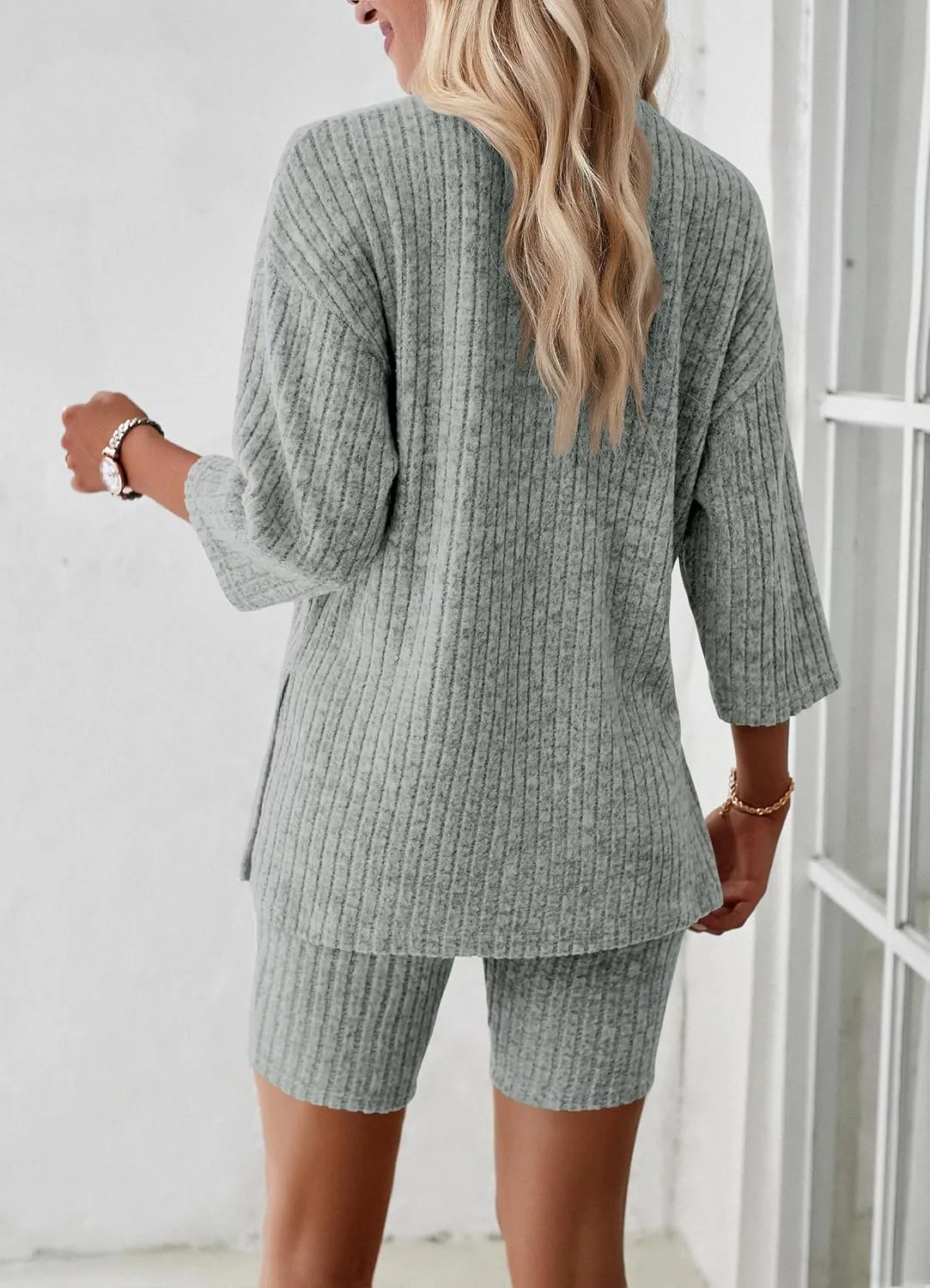 HBQ Womens 2 Piece Lounge Sets Ribbed Knit 3/4 Sleeve T-shirt Biker Short Loungewear Sweatsuits Sleepwear Pajamas