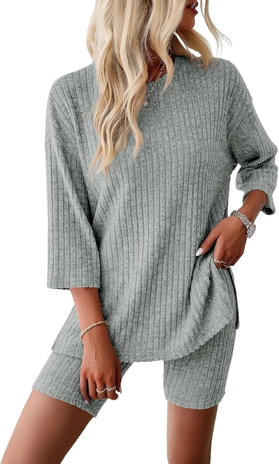 HBQ Womens 2 Piece Lounge Sets Ribbed Knit 3/4 Sleeve T-shirt Biker Short Loungewear Sweatsuits Sleepwear Pajamas