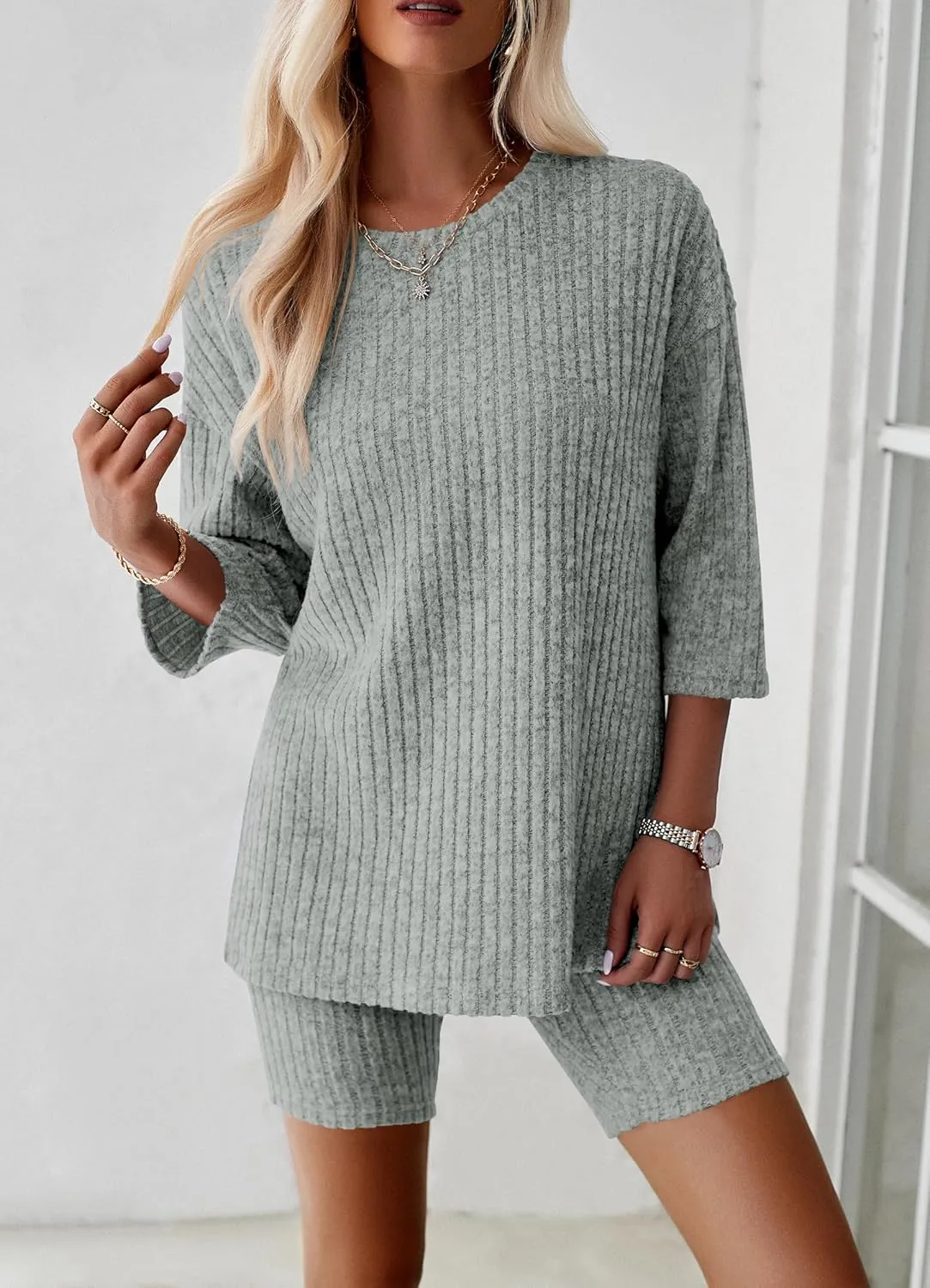 HBQ Womens 2 Piece Lounge Sets Ribbed Knit 3/4 Sleeve T-shirt Biker Short Loungewear Sweatsuits Sleepwear Pajamas