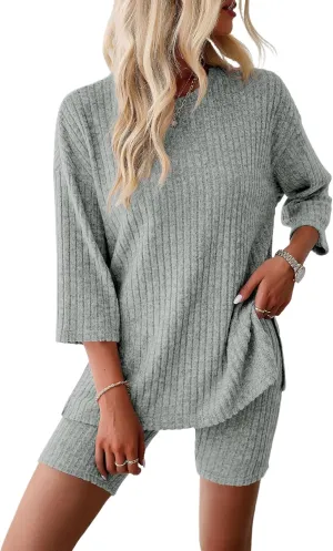 HBQ Womens 2 Piece Lounge Sets Ribbed Knit 3/4 Sleeve T-shirt Biker Short Loungewear Sweatsuits Sleepwear Pajamas