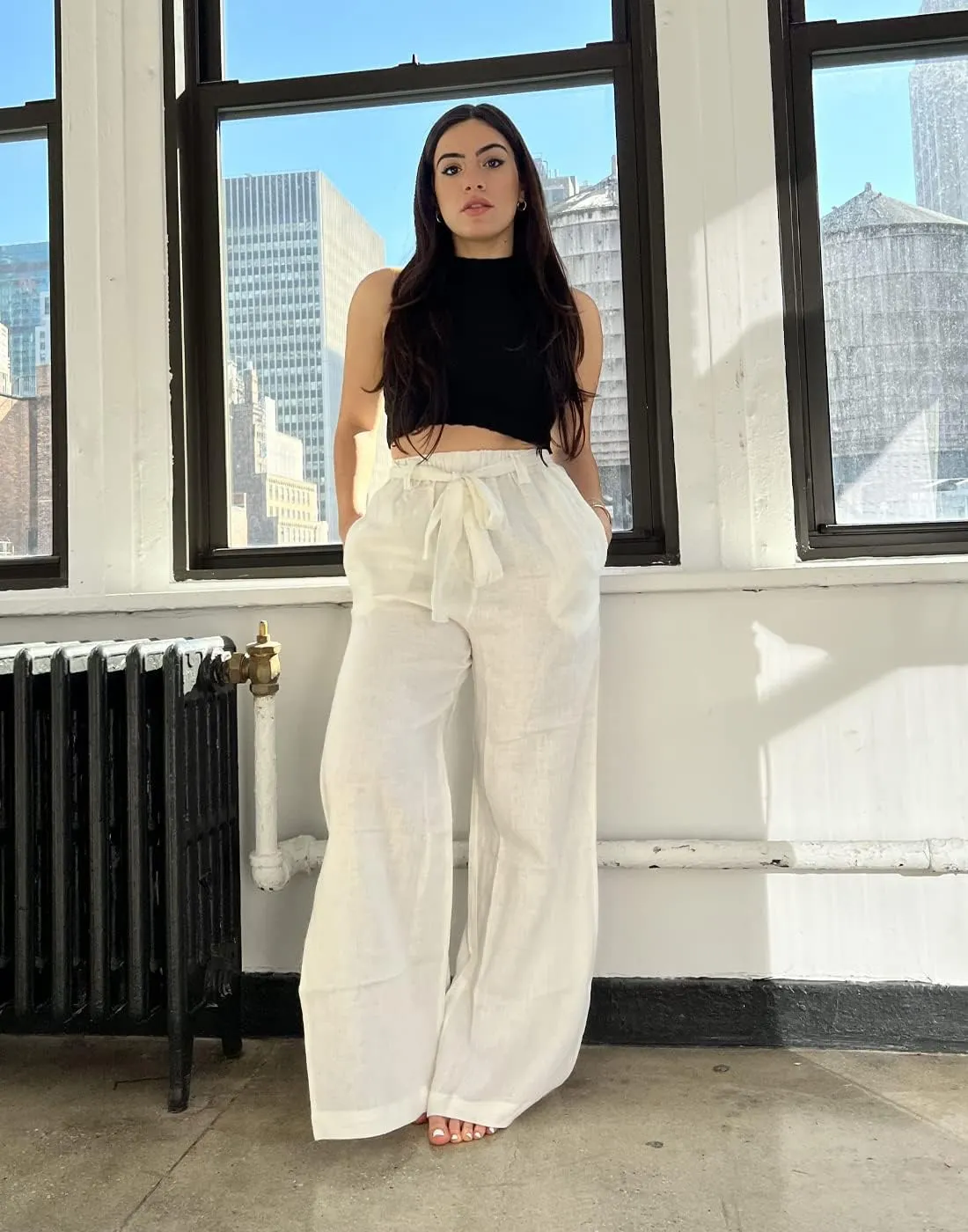 HDE Women's Linen Wide Leg Palazzo Pants Paperbag Flowy Boho Pant with Pockets