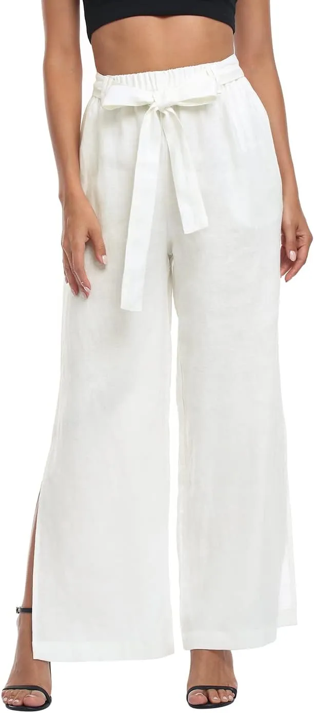 HDE Women's Linen Wide Leg Palazzo Pants Paperbag Flowy Boho Pant with Pockets