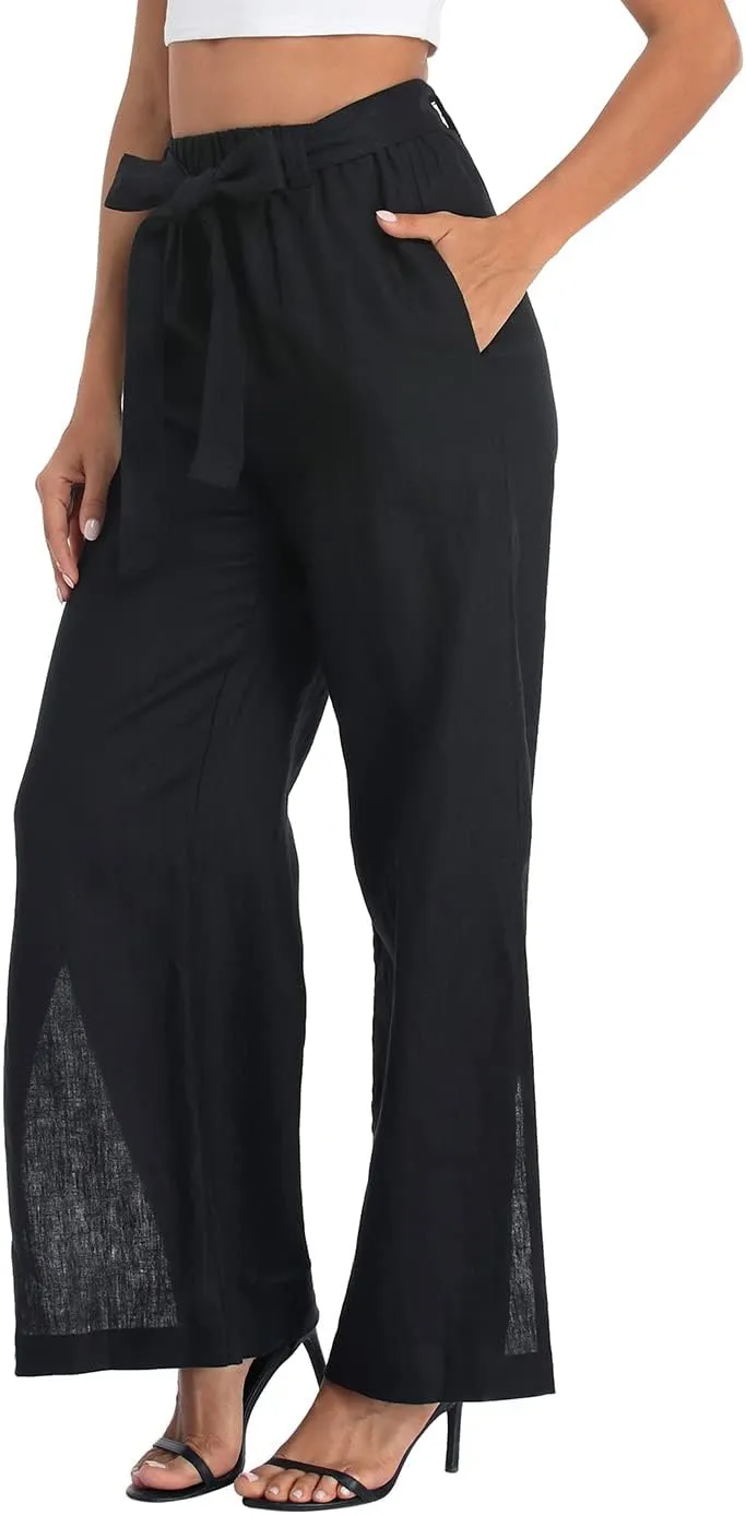 HDE Women's Linen Wide Leg Palazzo Pants Paperbag Flowy Boho Pant with Pockets
