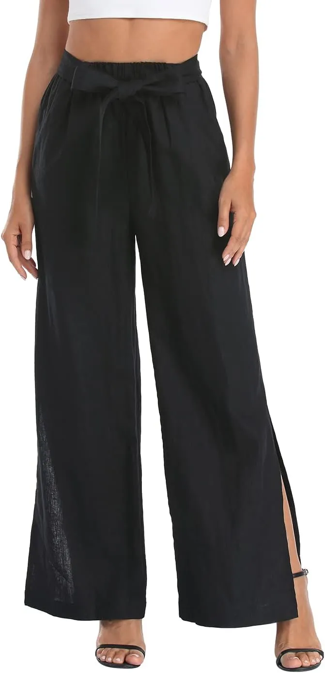 HDE Women's Linen Wide Leg Palazzo Pants Paperbag Flowy Boho Pant with Pockets