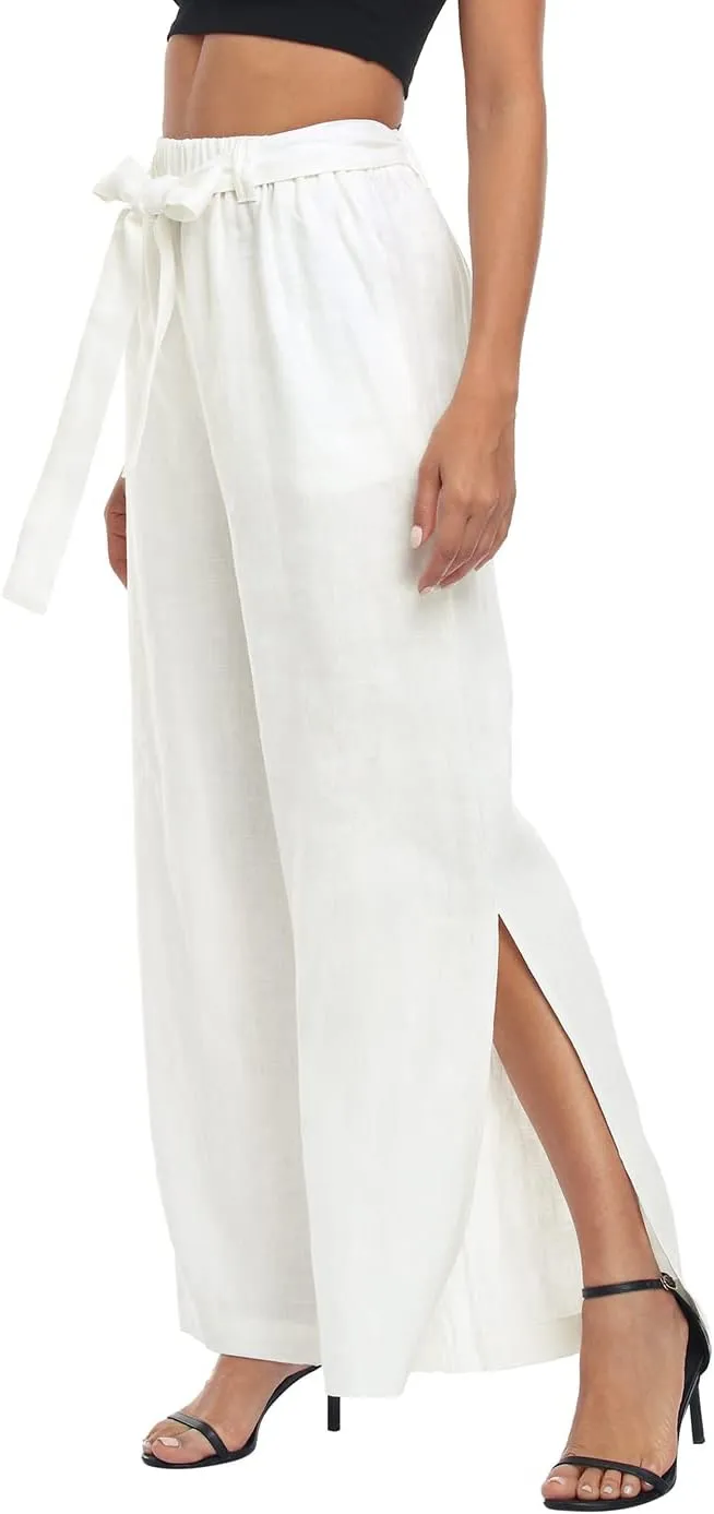 HDE Women's Linen Wide Leg Palazzo Pants Paperbag Flowy Boho Pant with Pockets