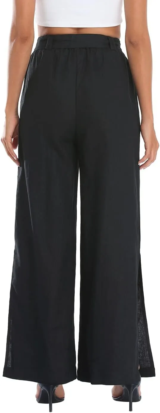 HDE Women's Linen Wide Leg Palazzo Pants Paperbag Flowy Boho Pant with Pockets