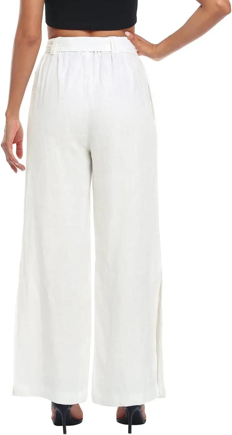 HDE Women's Linen Wide Leg Palazzo Pants Paperbag Flowy Boho Pant with Pockets