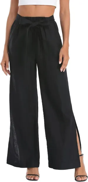HDE Women's Linen Wide Leg Palazzo Pants Paperbag Flowy Boho Pant with Pockets