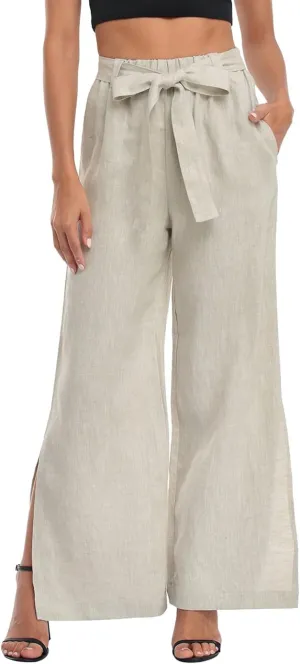 HDE Women's Linen Wide Leg Palazzo Pants Paperbag Flowy Boho Pant with Pockets