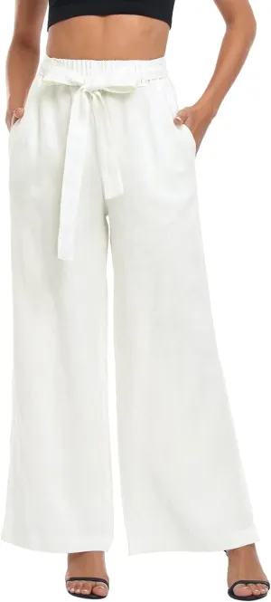 HDE Women's Linen Wide Leg Palazzo Pants Paperbag Flowy Boho Pant with Pockets