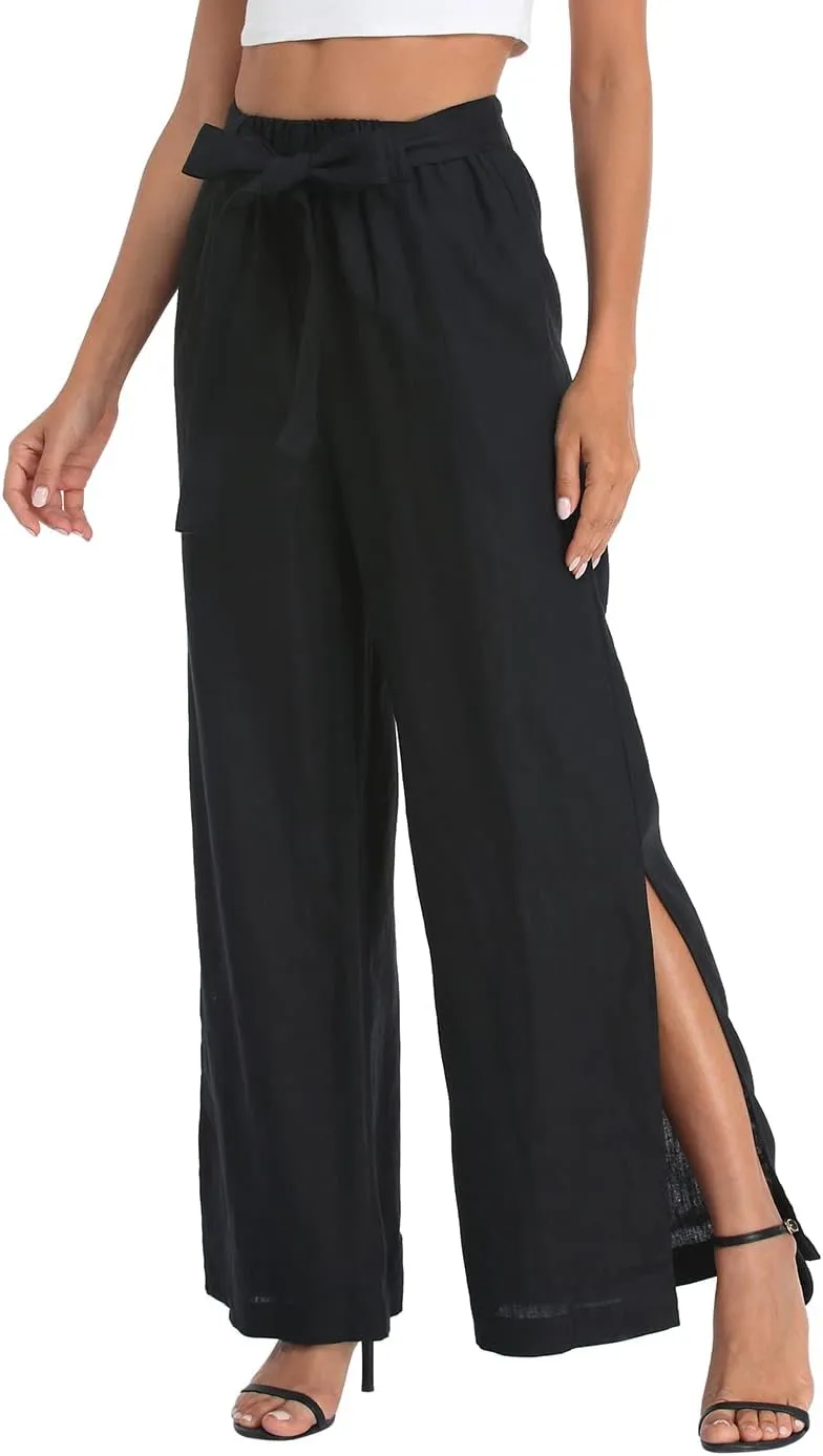 HDE Women's Linen Wide Leg Palazzo Pants Paperbag Flowy Boho Pant with Pockets