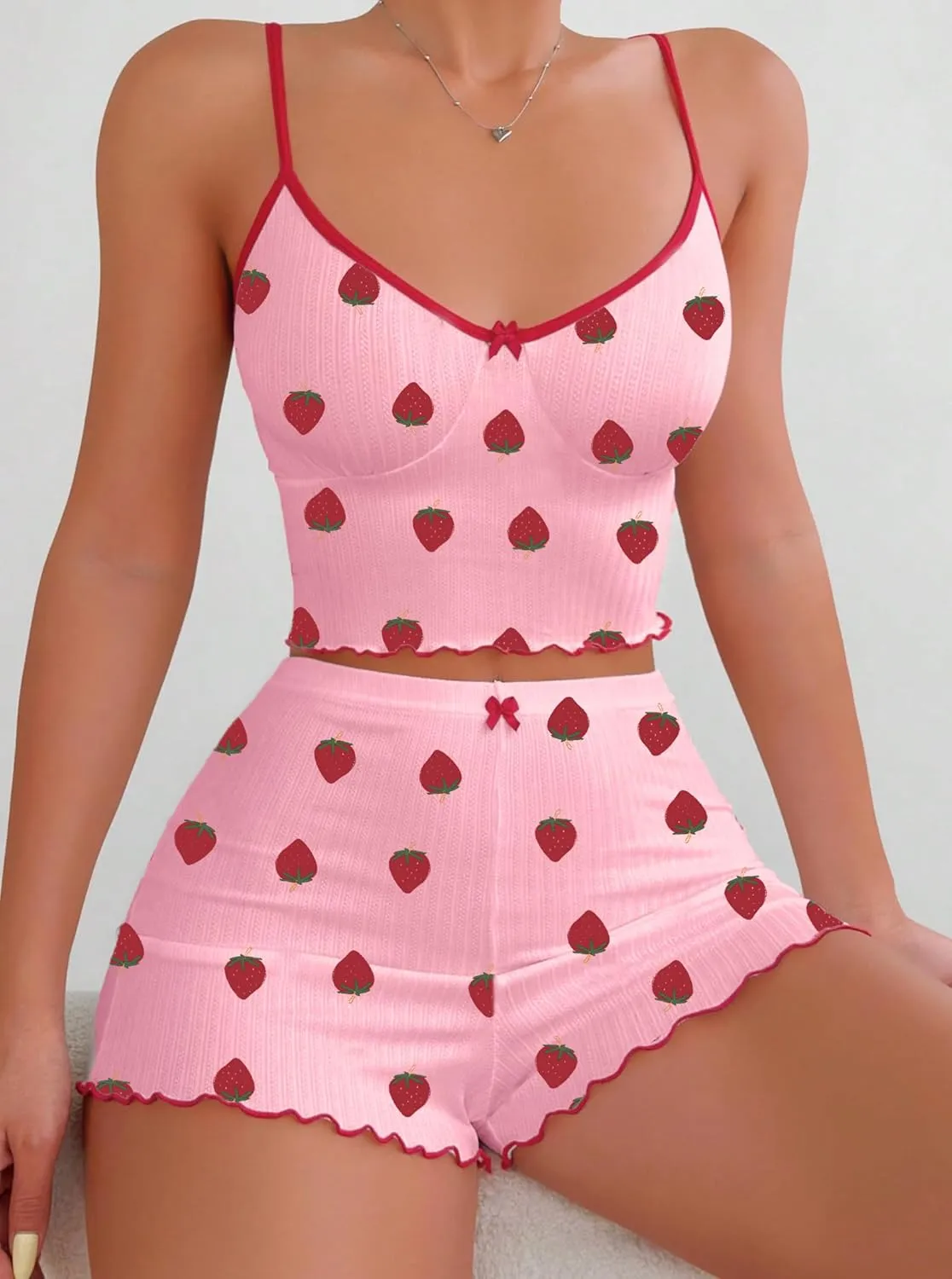 Hilinker Womens Graphic Print Ribbed PJ Set Crop Cami Tops and Shorts Cute Pajamas Set