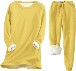 hlysgo 2 Piece Lounge Set Women Casual Loose Fit Long Sleeve Sherpa Fleece Lined Pullover Tops and Pants Winter Warm Set