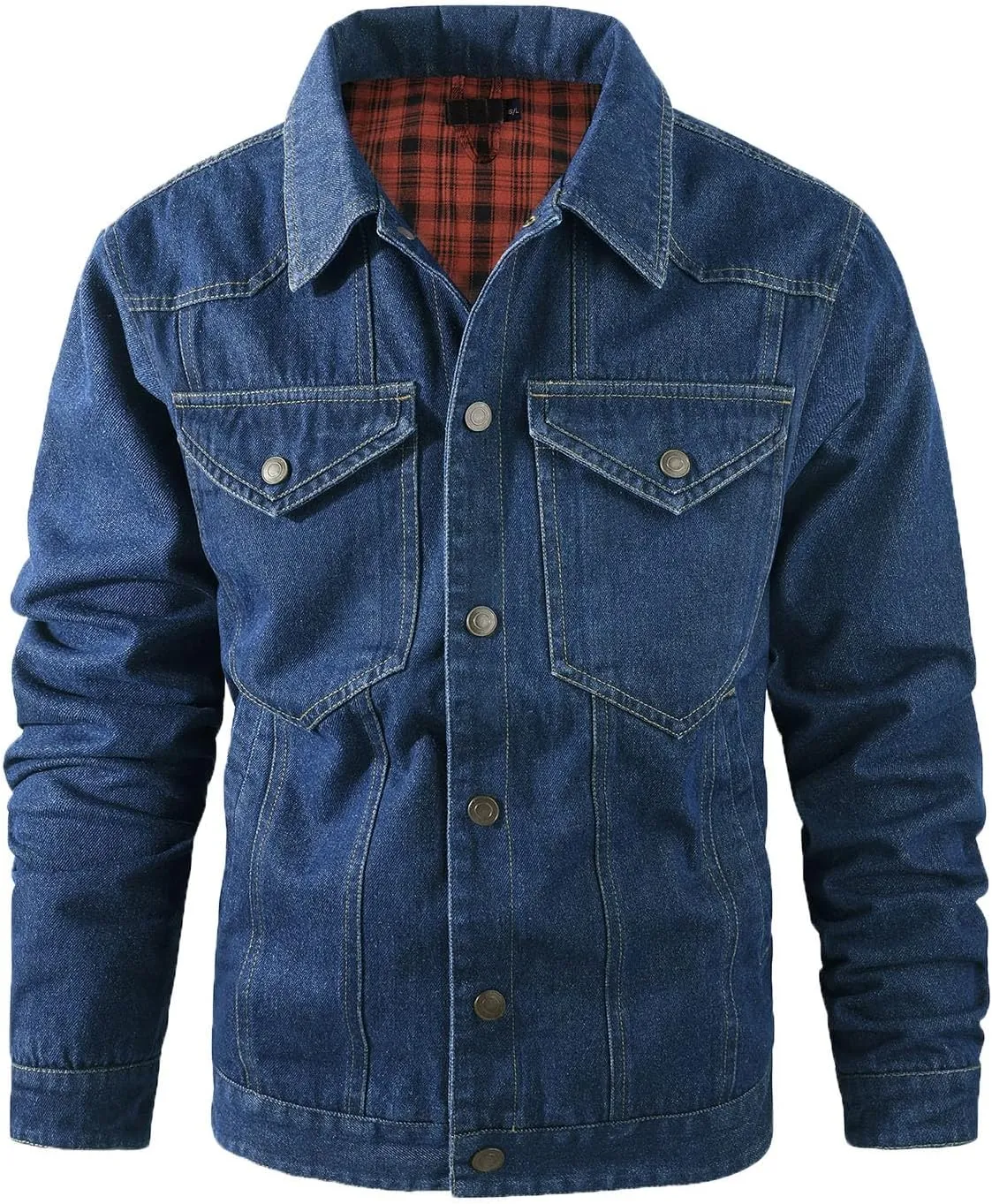 hlysgo Men's Denim Jacket Fashion Plaid Lined Thicken Jean Trucker Jacket Slim Fit Long Sleeve Denim Coats Outerwear