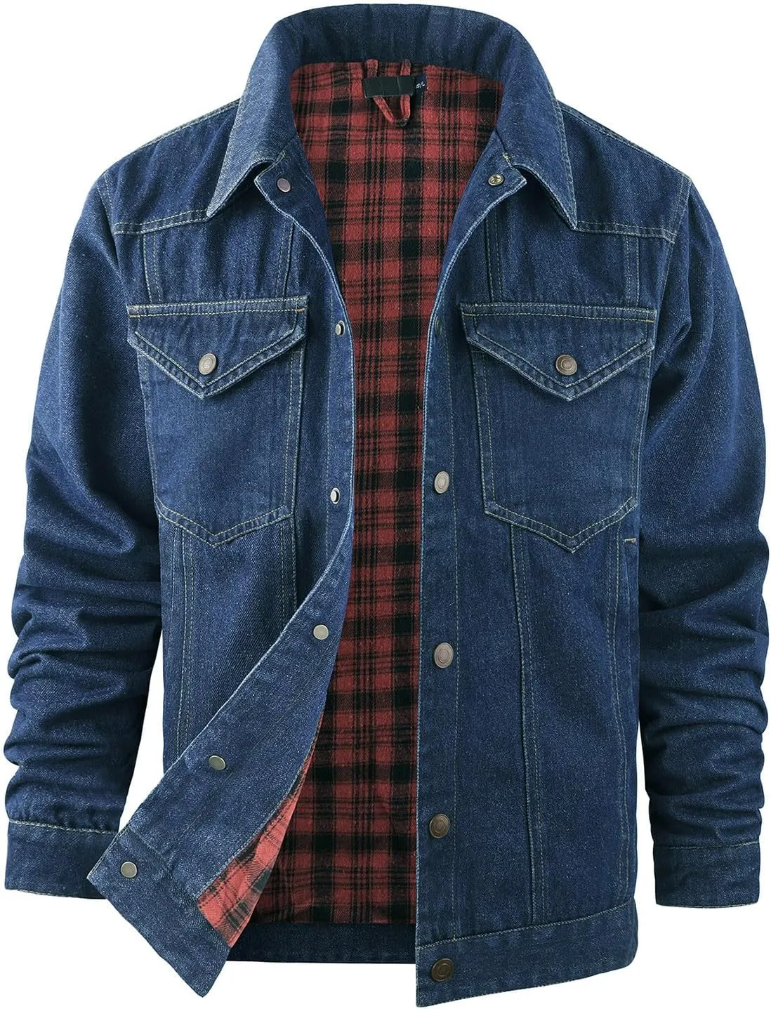 hlysgo Men's Denim Jacket Fashion Plaid Lined Thicken Jean Trucker Jacket Slim Fit Long Sleeve Denim Coats Outerwear