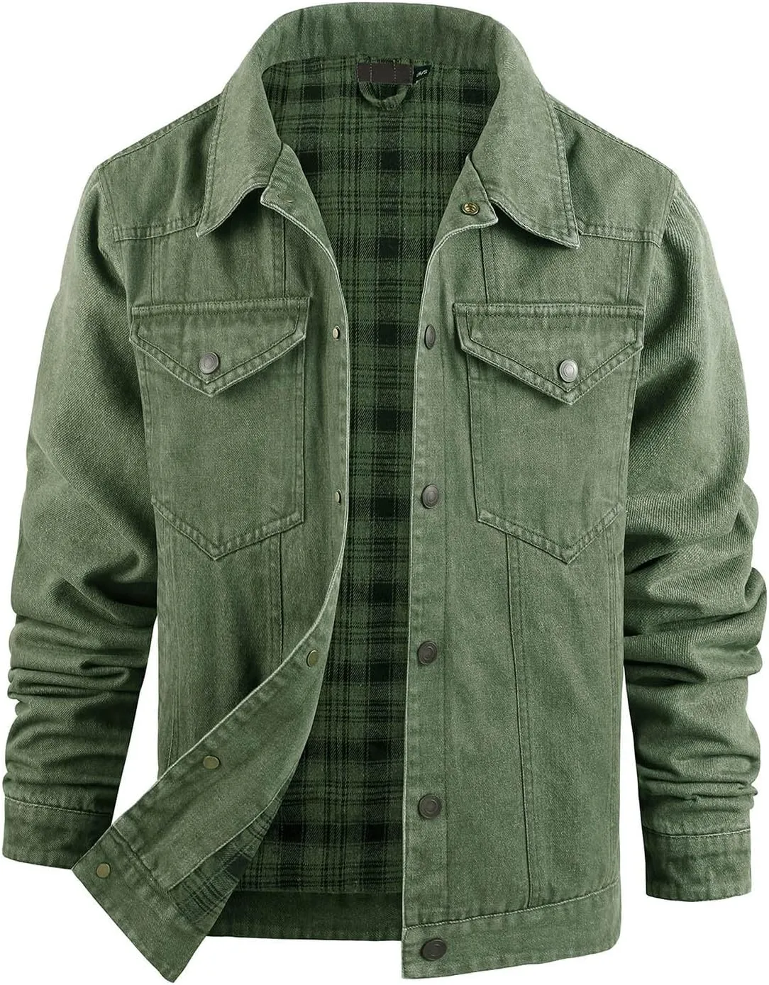 hlysgo Men's Denim Jacket Fashion Plaid Lined Thicken Jean Trucker Jacket Slim Fit Long Sleeve Denim Coats Outerwear