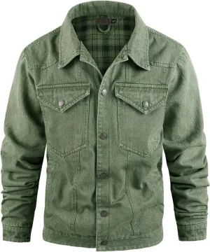 hlysgo Men's Denim Jacket Fashion Plaid Lined Thicken Jean Trucker Jacket Slim Fit Long Sleeve Denim Coats Outerwear