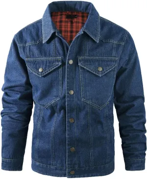 hlysgo Men's Denim Jacket Fashion Plaid Lined Thicken Jean Trucker Jacket Slim Fit Long Sleeve Denim Coats Outerwear