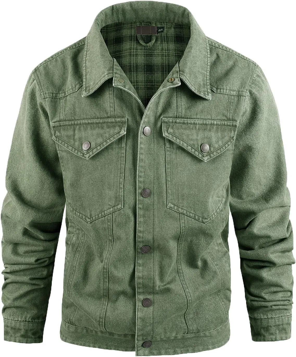 hlysgo Men's Denim Jacket Fashion Plaid Lined Thicken Jean Trucker Jacket Slim Fit Long Sleeve Denim Coats Outerwear