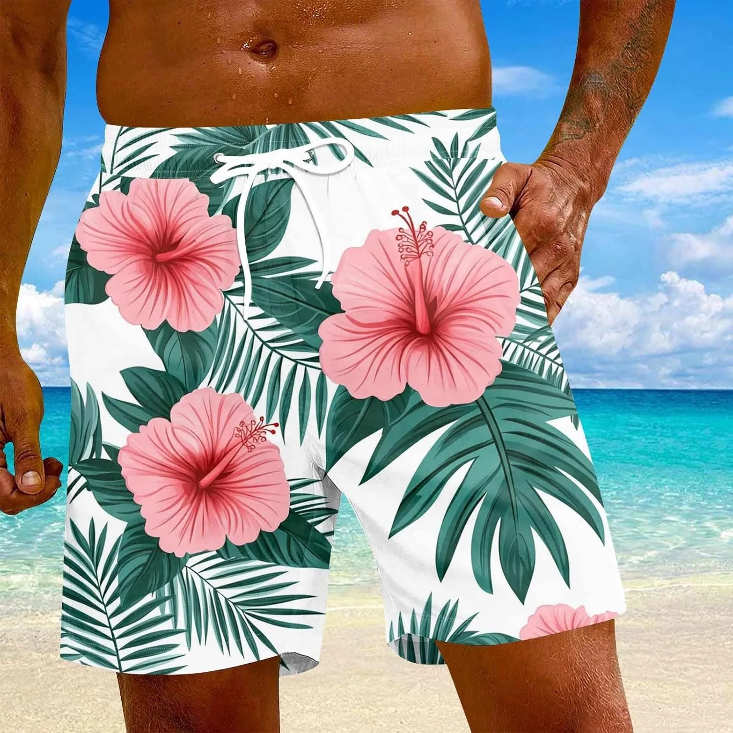 Holiday Shorts for Men, Floral Tropical Hawaiian Beach Shorts Elastic Waist Drawstring Casual Printed Trunks
