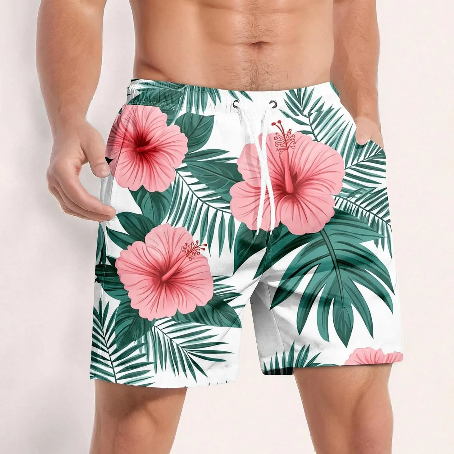 Holiday Shorts for Men, Floral Tropical Hawaiian Beach Shorts Elastic Waist Drawstring Casual Printed Trunks