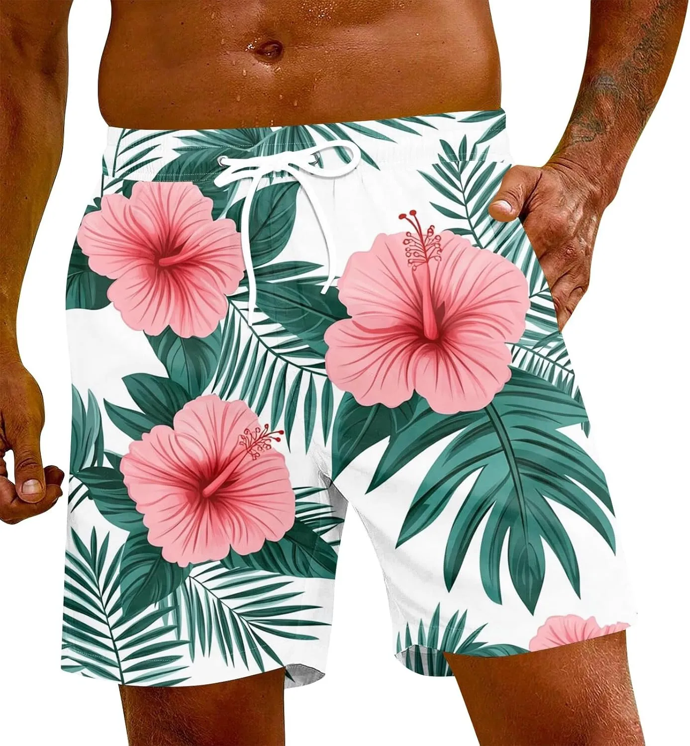 Holiday Shorts for Men, Floral Tropical Hawaiian Beach Shorts Elastic Waist Drawstring Casual Printed Trunks