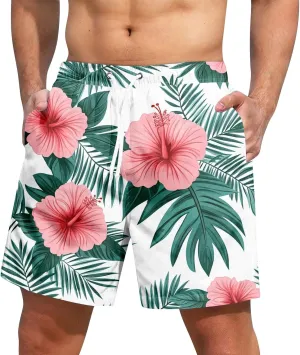 Holiday Shorts for Men, Floral Tropical Hawaiian Beach Shorts Elastic Waist Drawstring Casual Printed Trunks