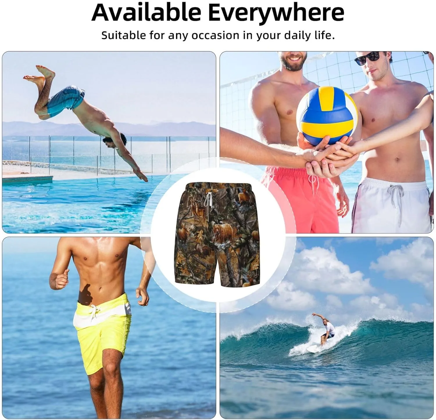 Hunting Deer Bear Moose Print Mens Swim Trunks Quick Dry Board Shorts Mesh Lining, Breathable Beach Surf Shorts