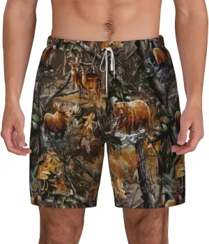 Hunting Deer Bear Moose Print Mens Swim Trunks Quick Dry Board Shorts Mesh Lining, Breathable Beach Surf Shorts