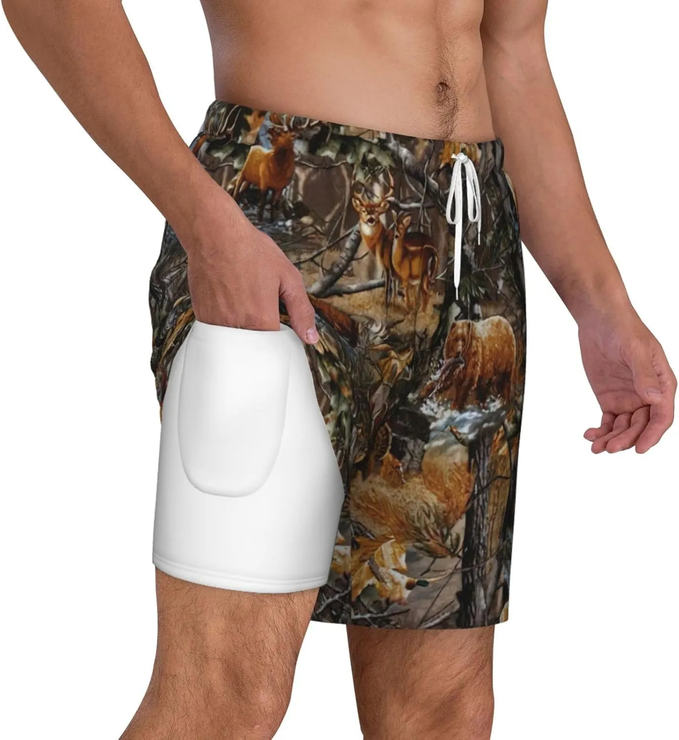 Hunting Deer Bear Moose Print Mens Swim Trunks Quick Dry Board Shorts Mesh Lining, Breathable Beach Surf Shorts